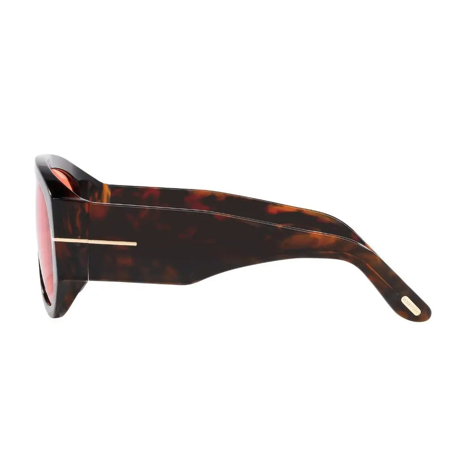 Side look Tom Ford FT1044 Sunglasses with tortoiseshell frame and red lenses on a white background
