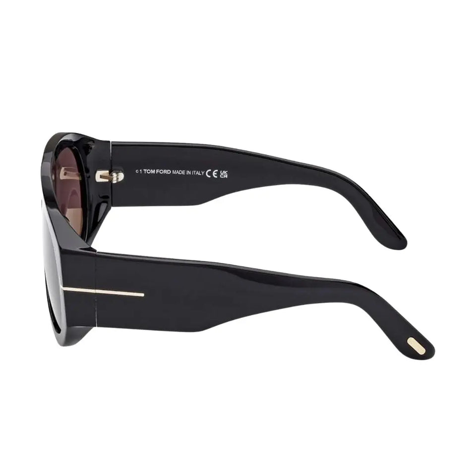 Side look Tom Ford FT1044 Bronson Black sunglasses with gold accents on a white background