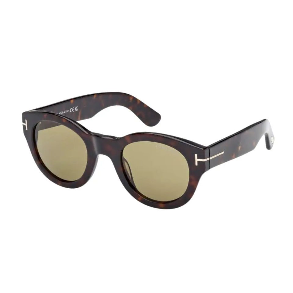Tom Ford FT1212 Lucinda unisex sunglasses in a rich Dark Havana tortoiseshell acetate. The round frame features green lenses and the signature gold 'T' hardware on the temples.