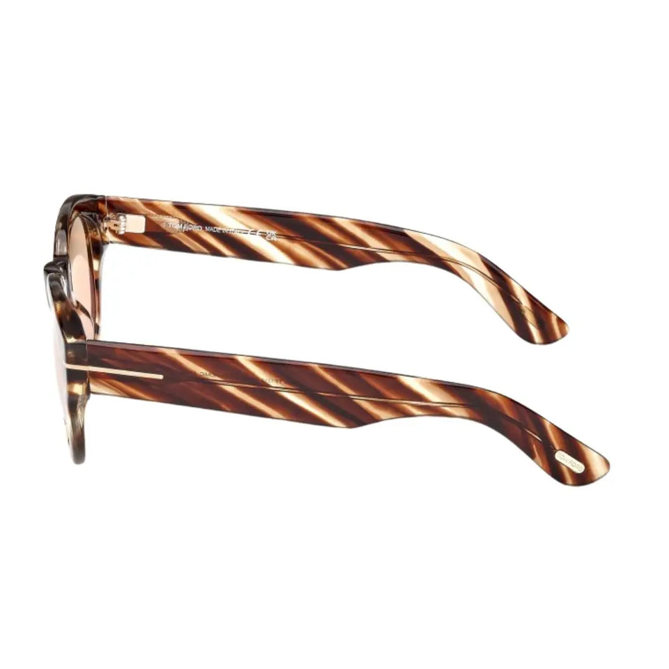 Side look Tom Ford FT1212 Lucinda unisex Sunglasses with brown and beige striped arms on a white background