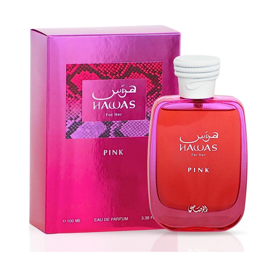 Rasasi Hawas Pink EDP 100ml - bottle and box
