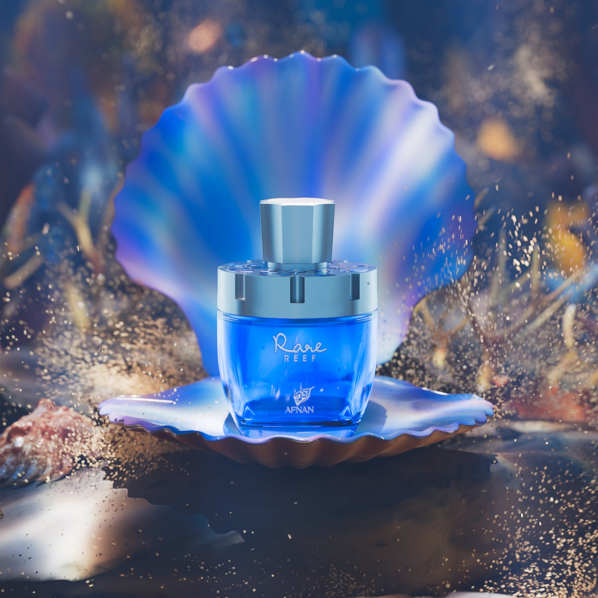 Afnan Rare Reef fragrance bottle photographed in a blue underwater campaign setting