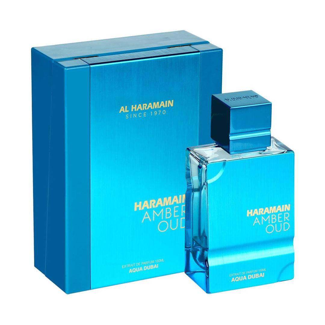 Al Haramain Amber Oud Aqua Dubai Extrait de Parfum 100ml - bottle and box