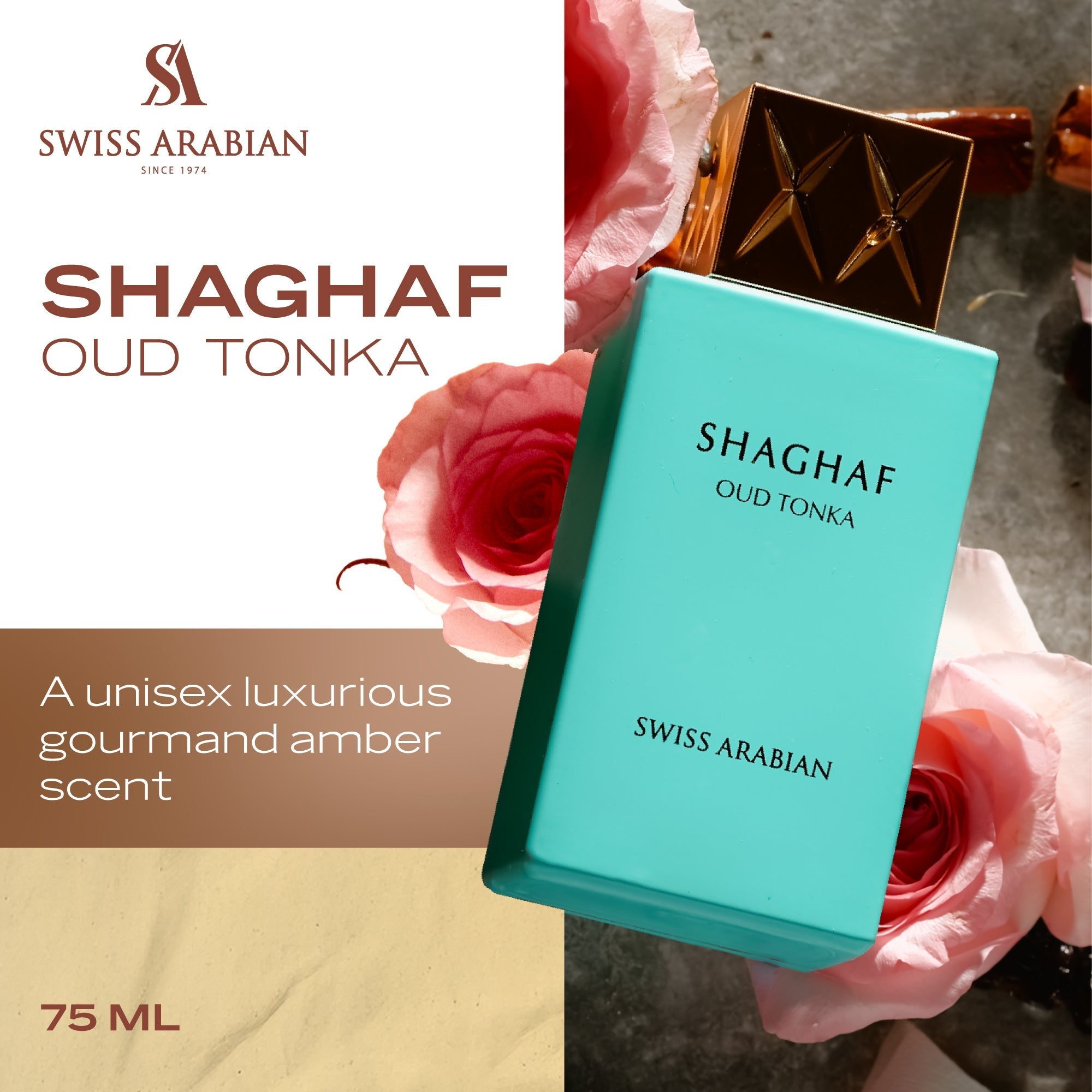 Swiss Arabian Shaghaf Oud Tonka EDP 75ml - gourmand amber presentation