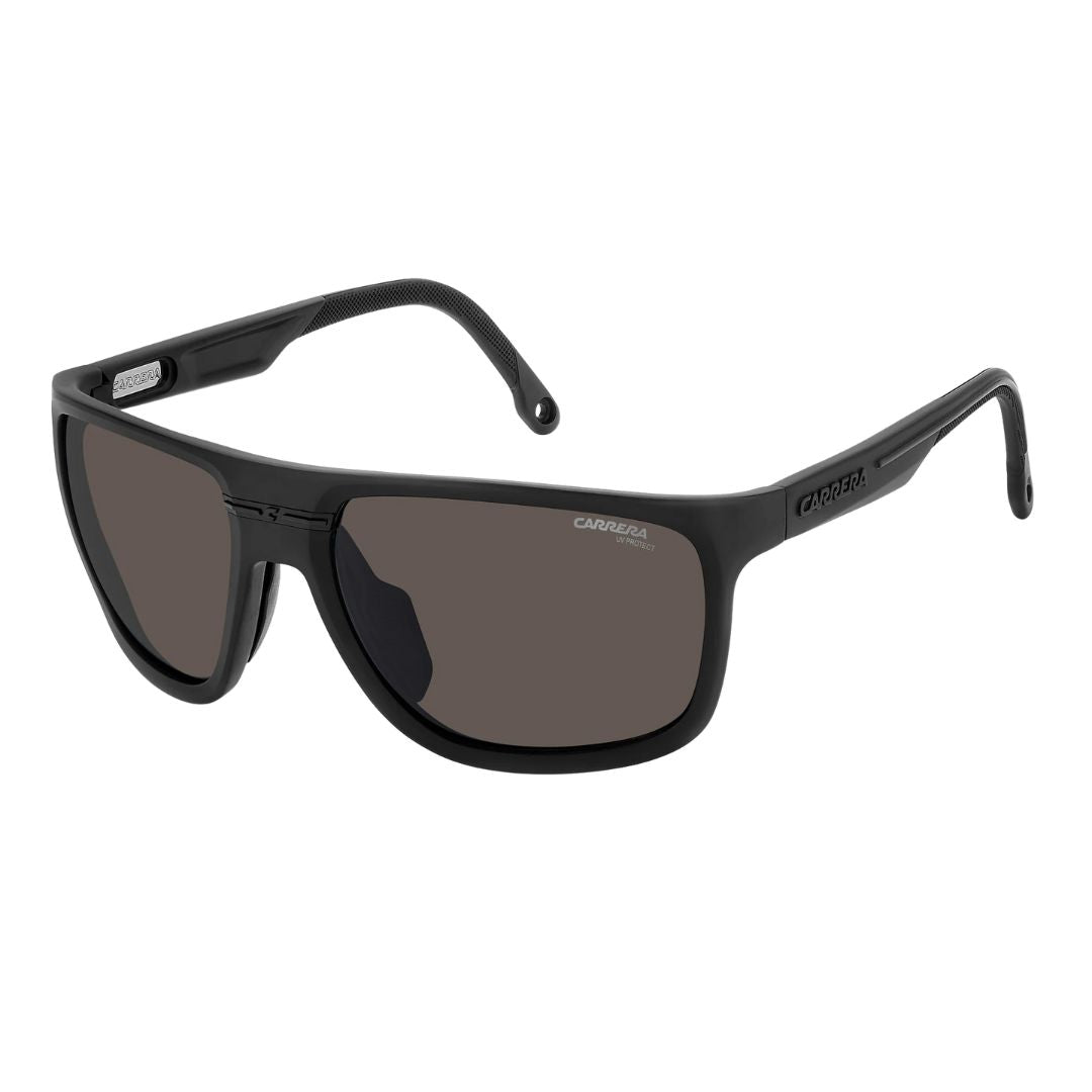 Carrera C Sport 08/S men's wrap-around sunglasses in matte black. The square frame features the signature 'C' logo and rubberised temple tips with grey lenses.