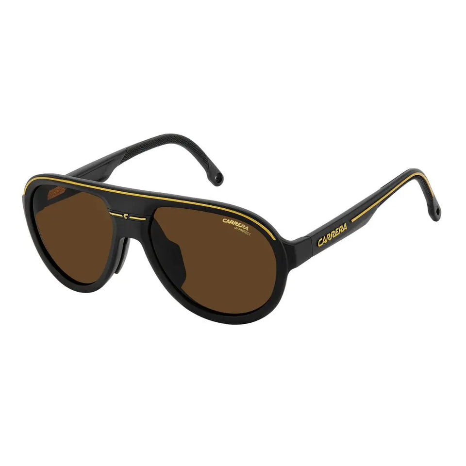 Carrera C Sport 09/S men's aviator sunglasses in matte black. The sport-inspired frame features brown lenses and the signature Carrera 'C' branding, designed for an active lifestyle.