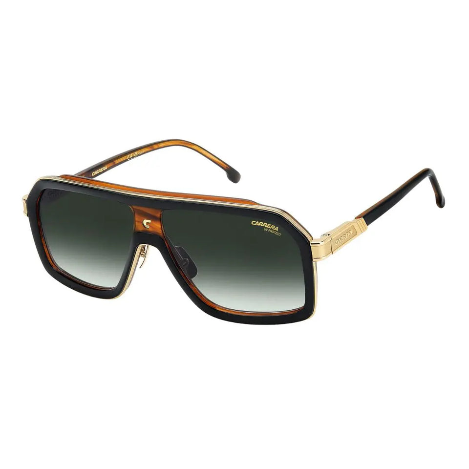 Carrera CA 1053/S/TI men's sunglasses featuring a bold black horn acetate rectangular frame. The green shaded lenses are accented by the signature Carrera logo on the temples.