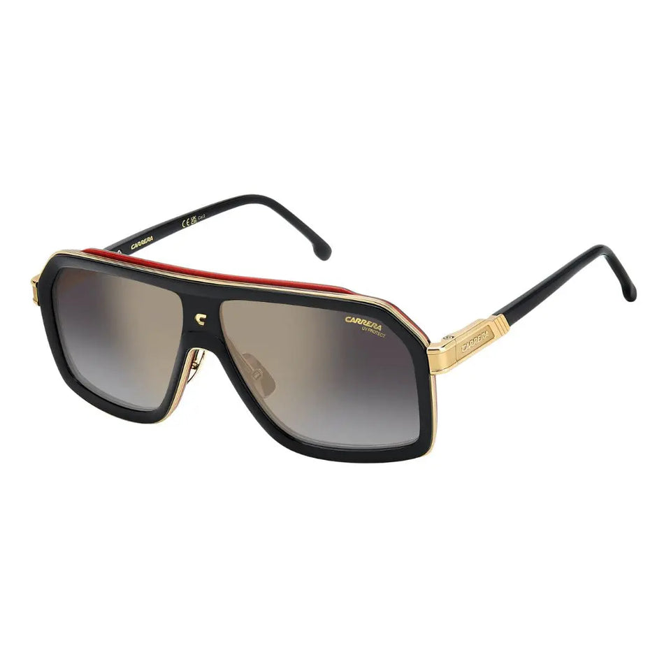 Carrera CA 1053/S/TI men's rectangular sunglasses featuring a premium titanium and black acetate frame. The grey mirrored lenses are highlighted by red accents and the signature Carrera 'C' on the bridge.