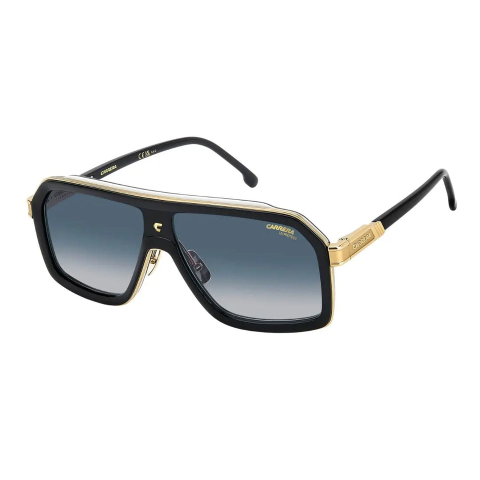 Carrera CA 1053/S/TI men's rectangular sunglasses featuring a premium titanium and black-white acetate frame. The dark blue shaded lenses are accented by the signature Carrera 'C' on the bridge.