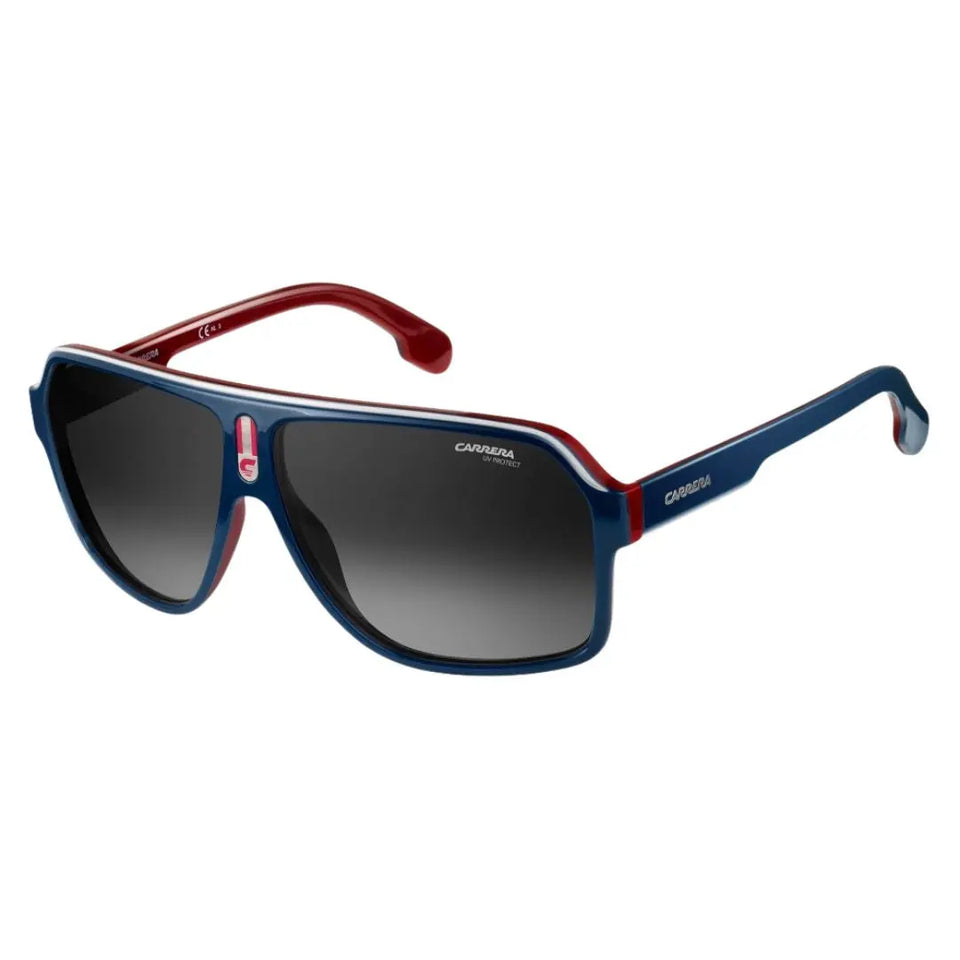 Carrera 1001/S men's oversized square sunglasses featuring a multilayered blue, red, and white opal frame. The dark grey shaded lenses are finished with the signature 'C' monogram on the bridge.