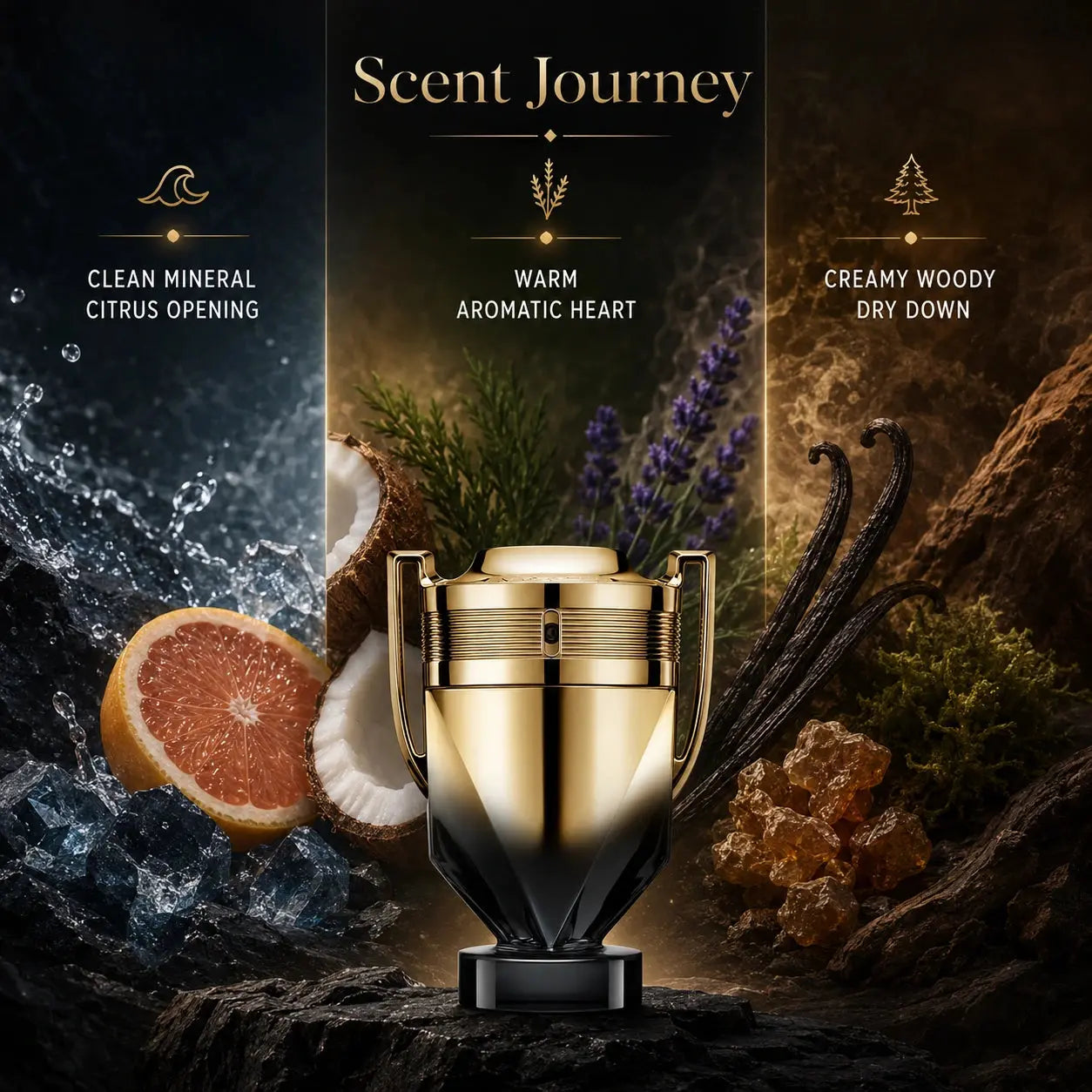 Rabanne Invictus Elixir Parfum 50ml scent journey image showing the transition from fresh mineral citrus opening to creamy woody dry down.