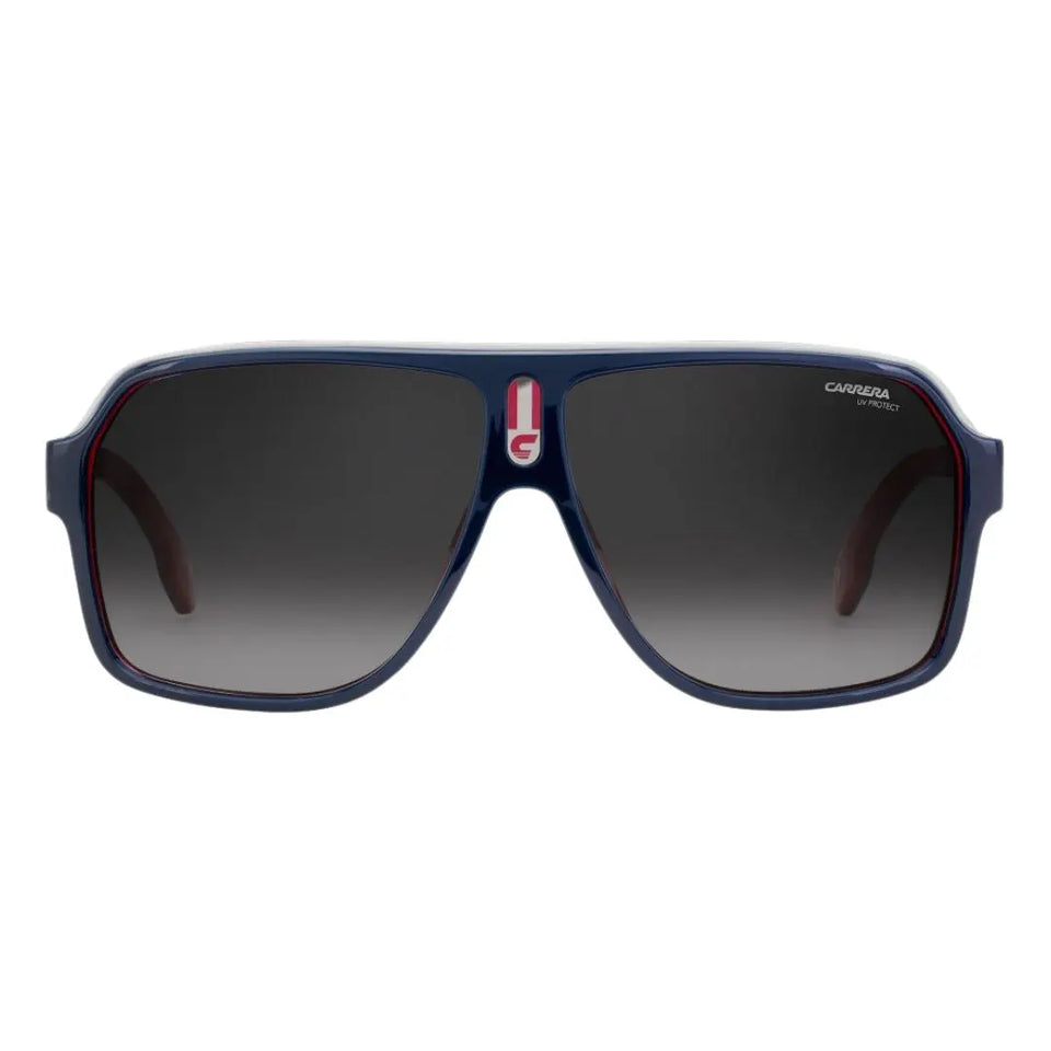 Carrera 1001/S men's oversized square Sunglasses with dark gradient lenses and blue frame on a white background