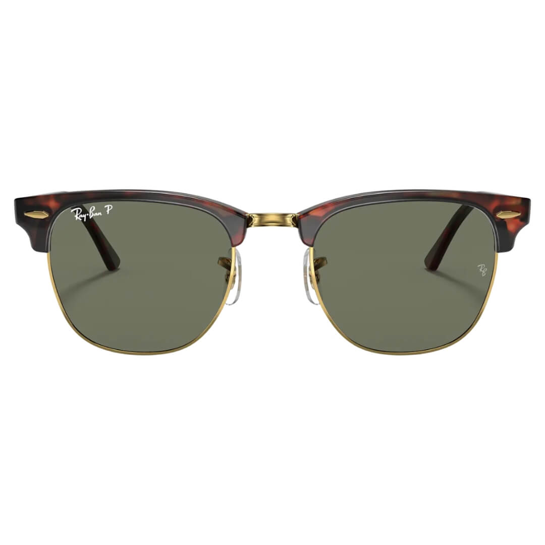 Ray-Ban Clubmaster RB3016 990/58 Sunglasses - Red Havana Frame, Polarized Green Lens Front View