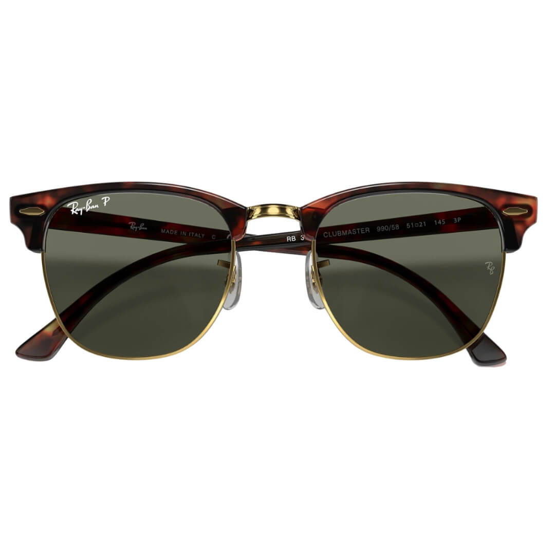 Ray-Ban Clubmaster RB3016 990/58 Sunglasses - Red Havana Frame, Polarized Green Lens Folded View
