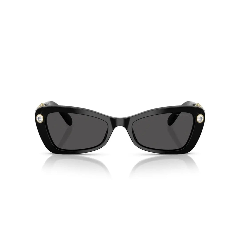 Front View: Swarovski SK6033 100187 Women’s Sunglasses – Black Frame, Dark Grey Lenses, Strass Embellished Luxury Eyewear