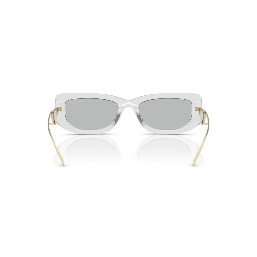 Back View: Prada PR 14YS 12R50K Sunglasses – Solid Light Grey Lenses, Elegant Prada Branding, Italian Craftsmanship