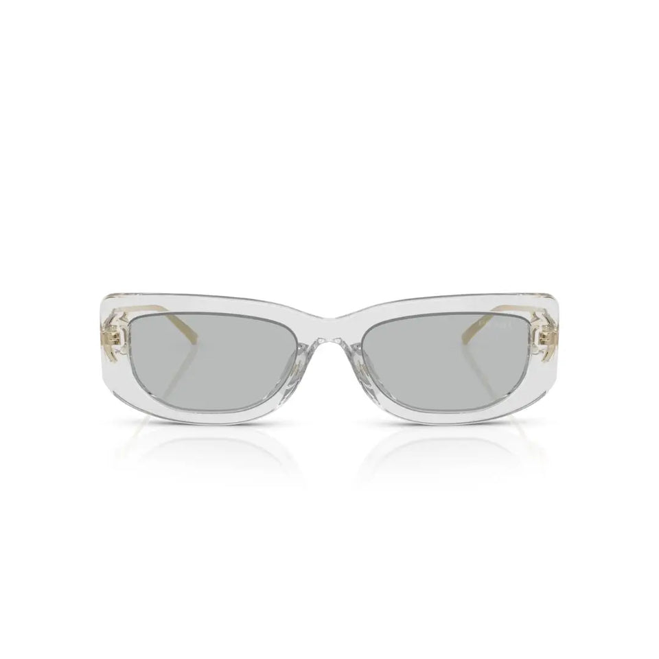 Front View: Prada PR 14YS 12R50K Women’s Sunglasses – Transparent Grey Frame, Light Grey Lenses, Luxury Eyewear