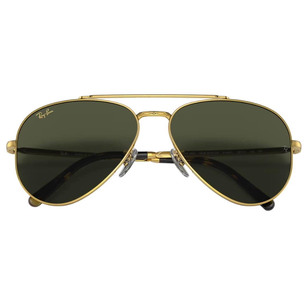 Ray-Ban New Aviator RB3625 919631 Sunglasses - Gold Frame, Green Lens Folded View