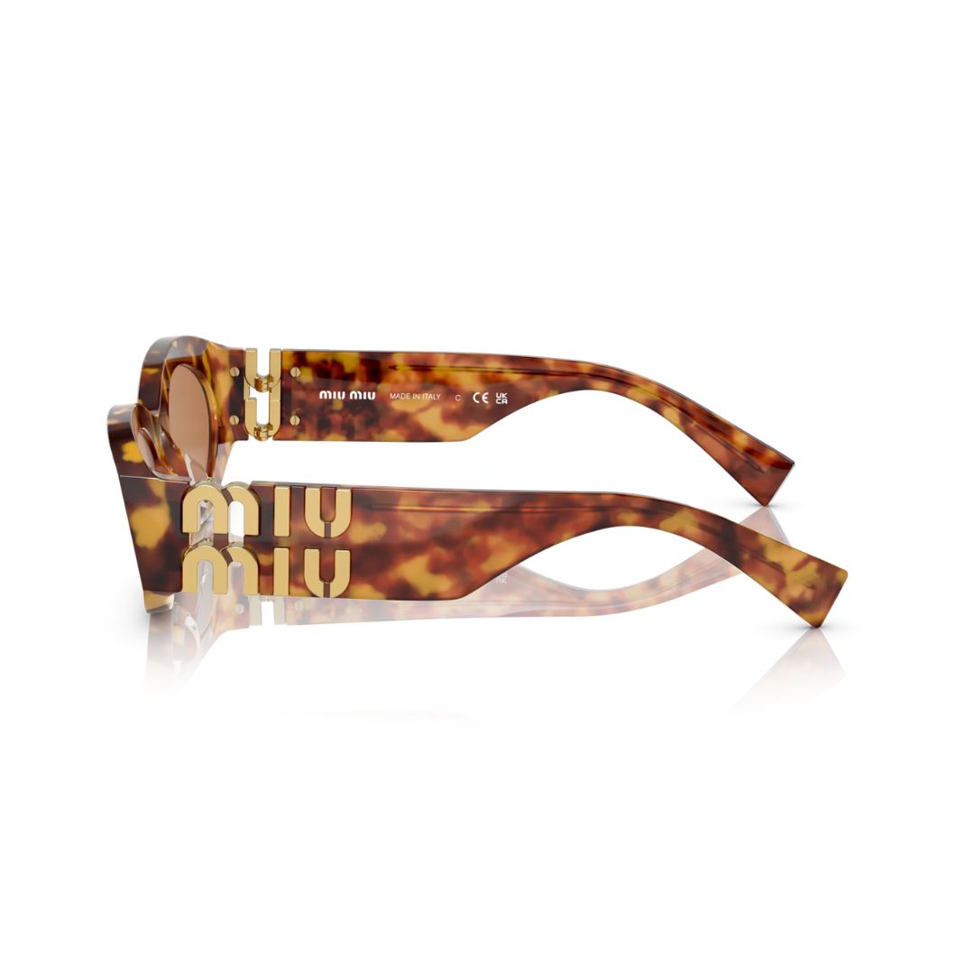 Side View: Miu Miu MU 11WS 4BW2Z1 – Oval Shape, Havana Acetate, Iconic Miu Miu Branding