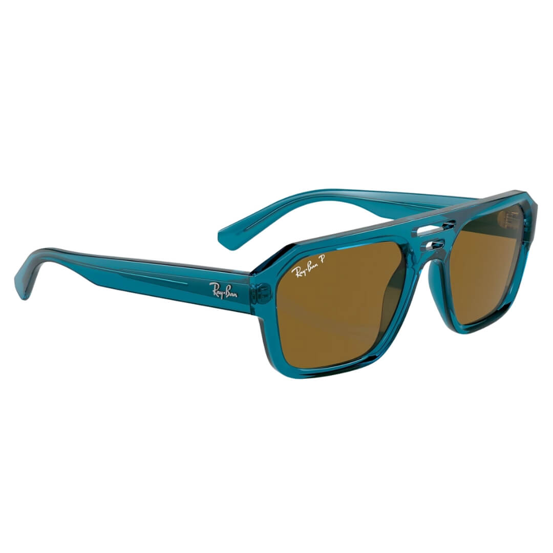 Ray-Ban Corrigan RB4397 668383 - Transparent Light Blue Frame with Polarized Dark Brown Lens Front Side View Right