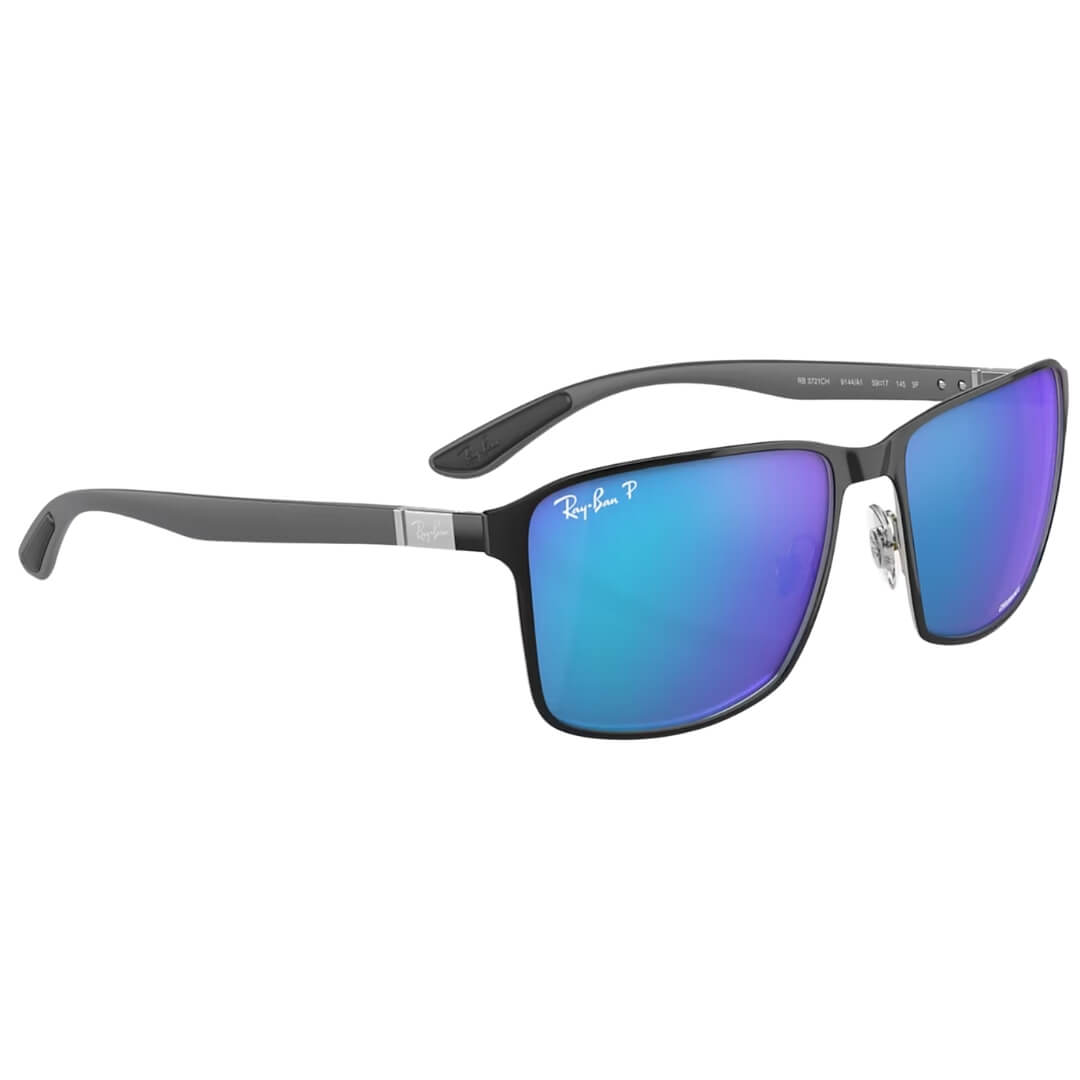 Ray-Ban RB3721CH 9144A1 Sunglasses - Black On Silver Frame, Polarized Blue Lens Side left Front view