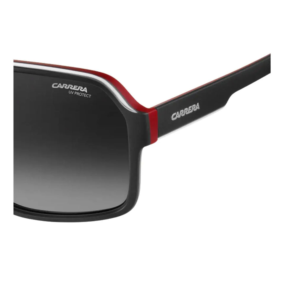 Side Carrera 1001/S men's oversized square Sunglasses with black and red frame and gradient lens on a white background