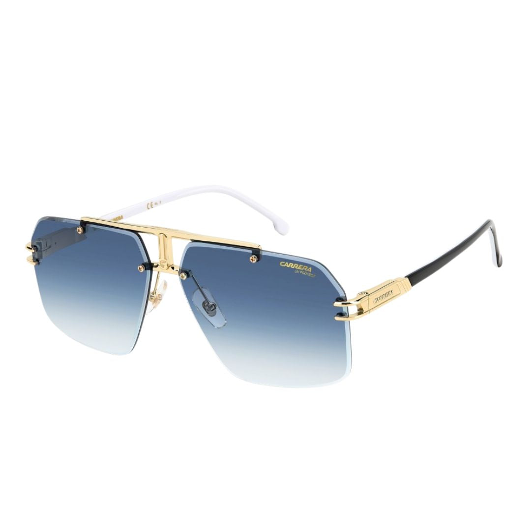 Carrera 1054/S rimless aviator sunglasses featuring a gold-tone double metal bridge with the iconic Carrera 'C' plaque and dark blue shaded lenses.