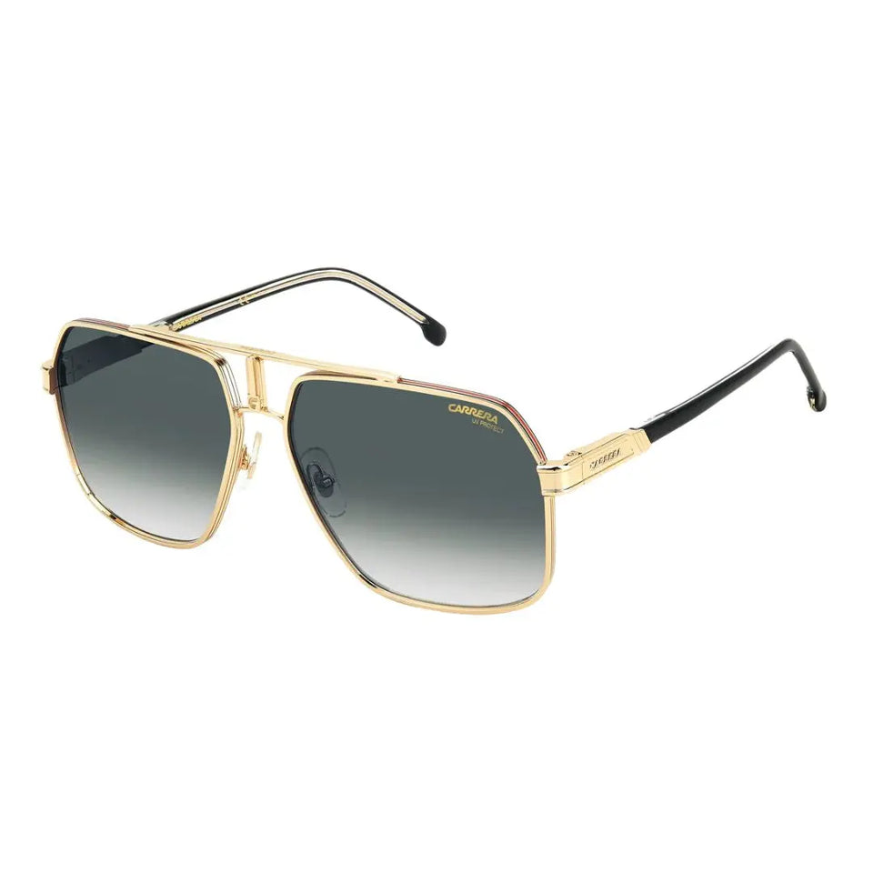 Carrera 1055/S men's square aviator sunglasses featuring a gold metal frame with red striped accents. The double bridge includes the iconic 'C' logo plaque and green gradient lenses.