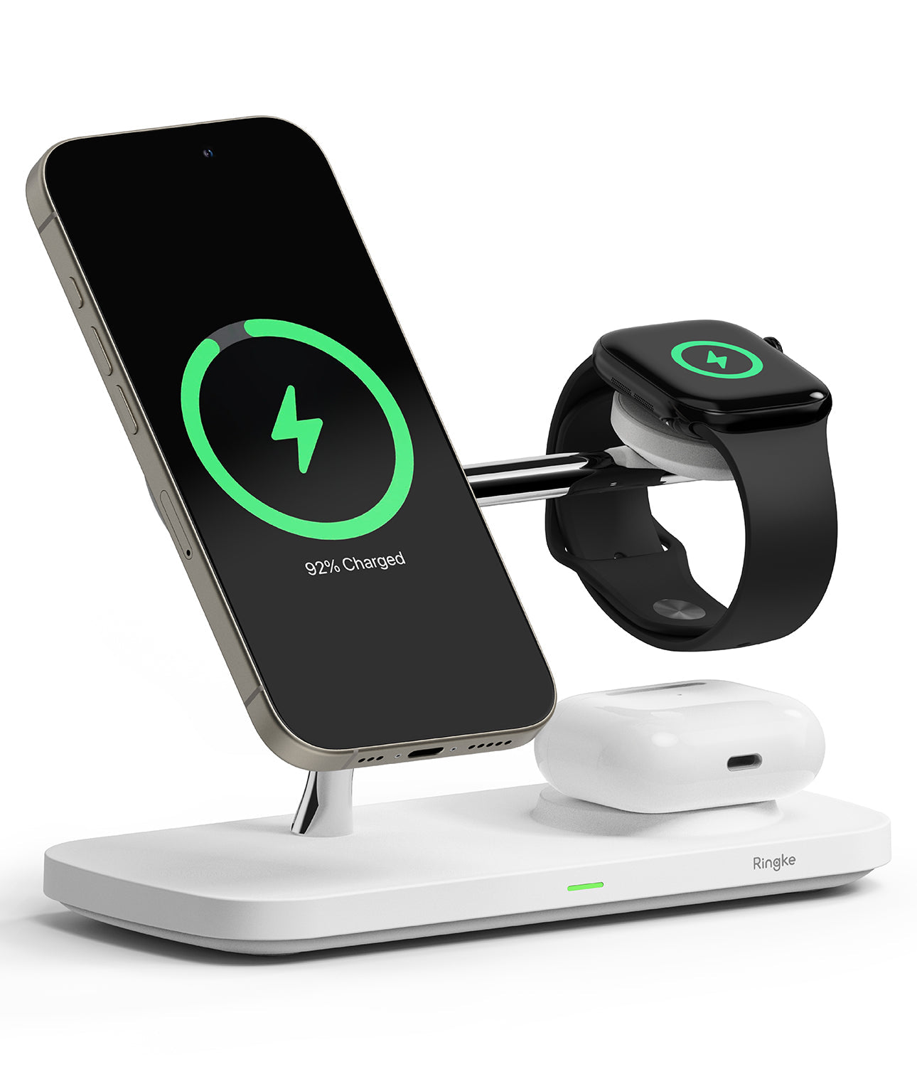 Ringke Qi2 3-in-1 Magnetic Wireless Charging Stand, showing a phone, Apple Watch, and AirPods charging simultaneously.