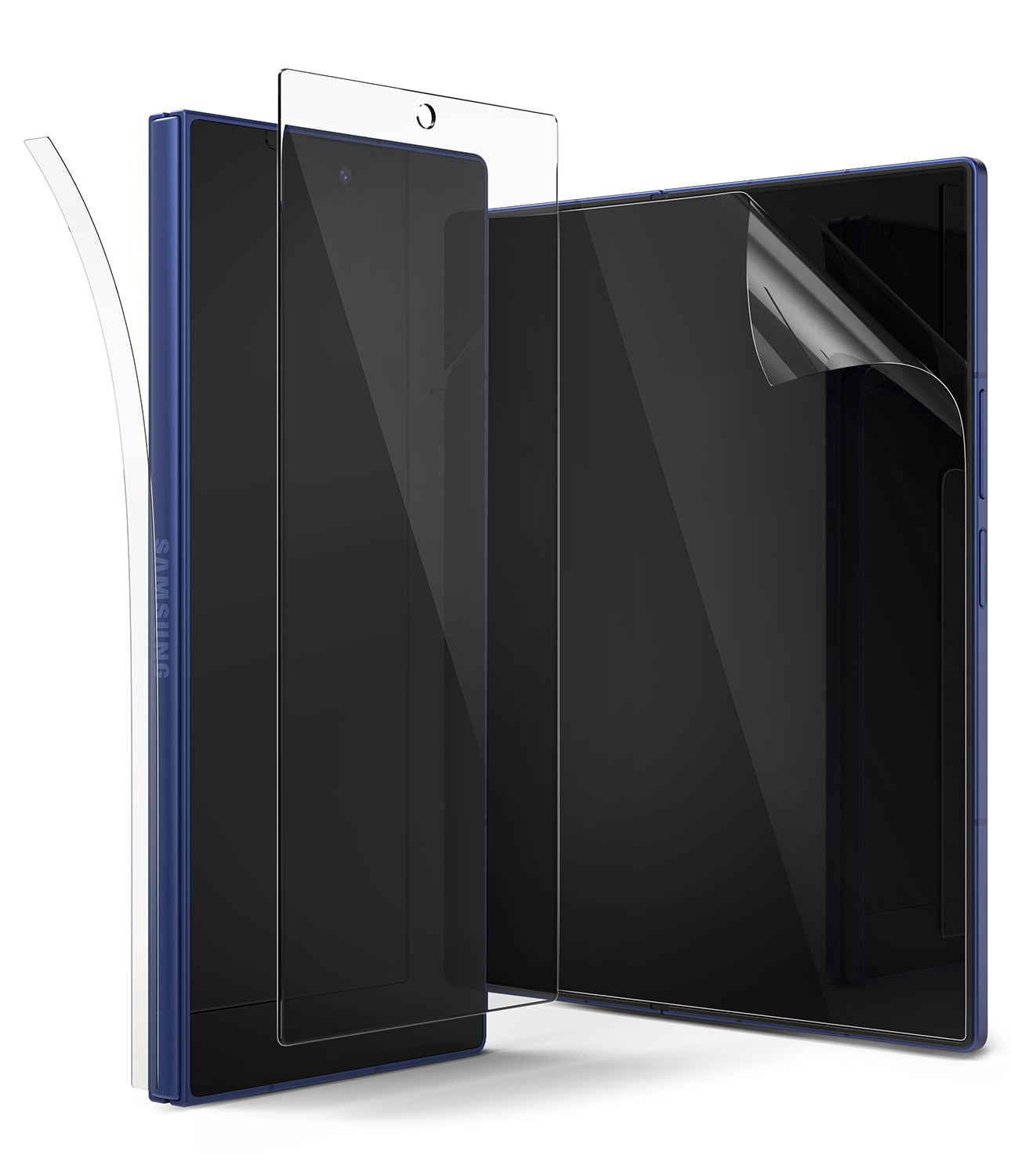 Ringke 3-in-1 Protector Pro Film kit for Samsung Galaxy Z Fold 7, showing the 9H glass, self-healing EPU film, and TPU hinge cover.

