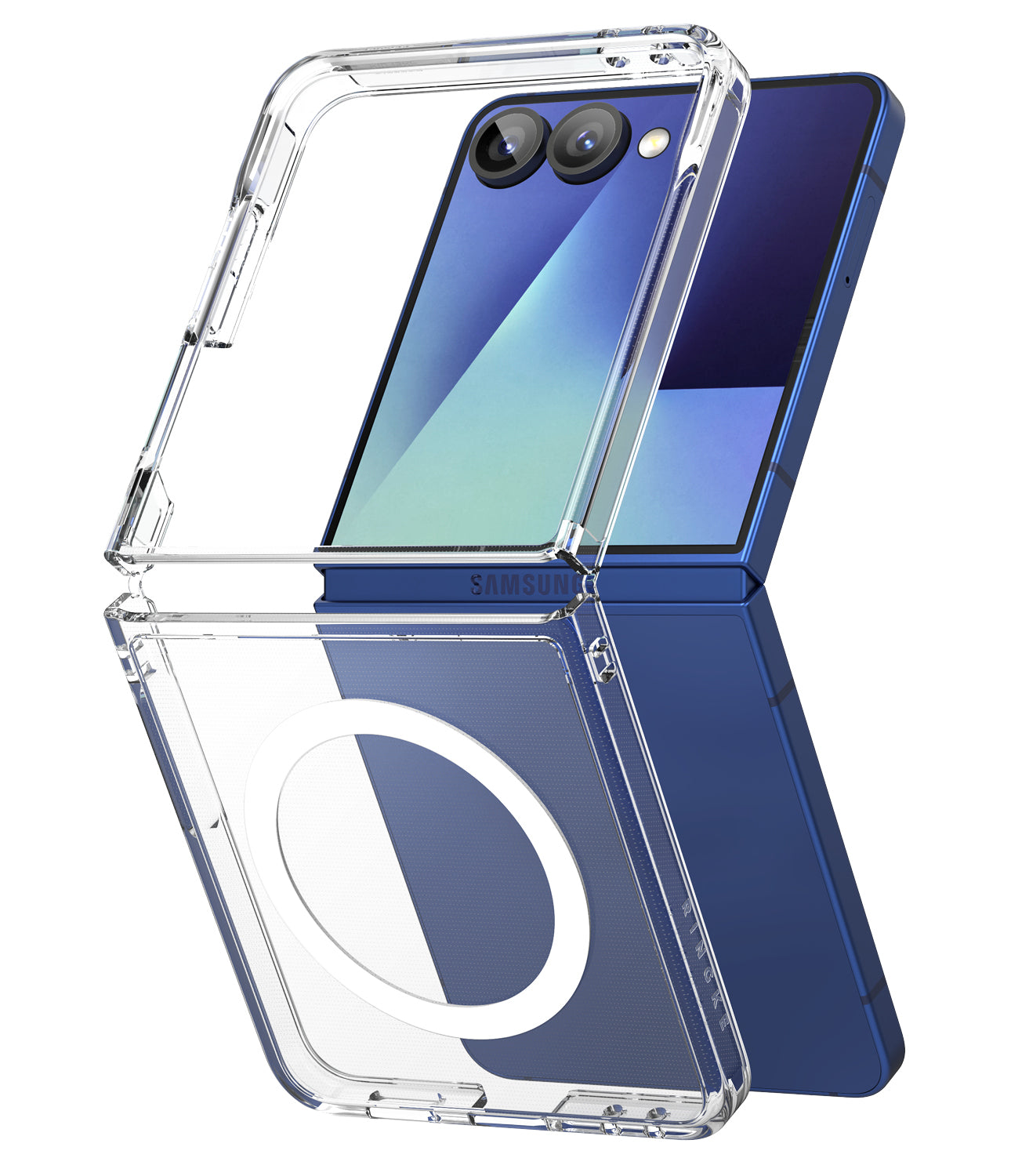 Ringke Fusion Magnetic Clear case on a Samsung Galaxy Z Flip 7, showing the transparent hybrid material and magnetic ring.
