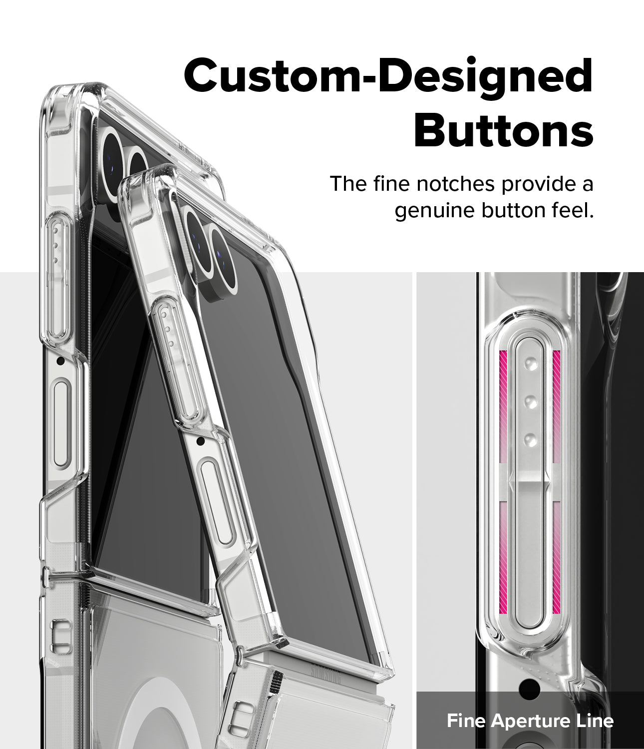 
Samsung Galaxy Z Flip 7 folded with the Ringke Fusion Magnetic Clear case, highlighting the two-piece connected design.
