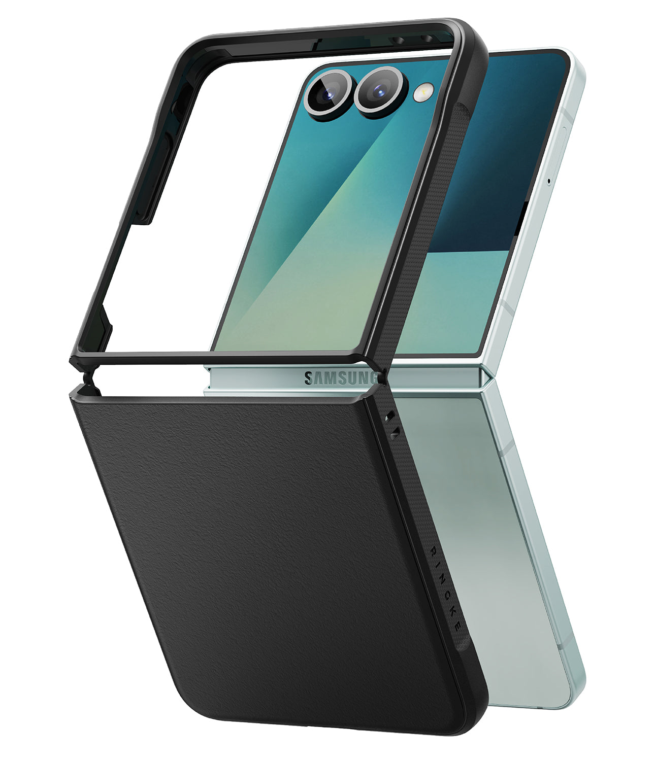 Ringke Onyx heavy-duty case in Black on a Samsung Galaxy Z Flip 7, showing the folded device.

