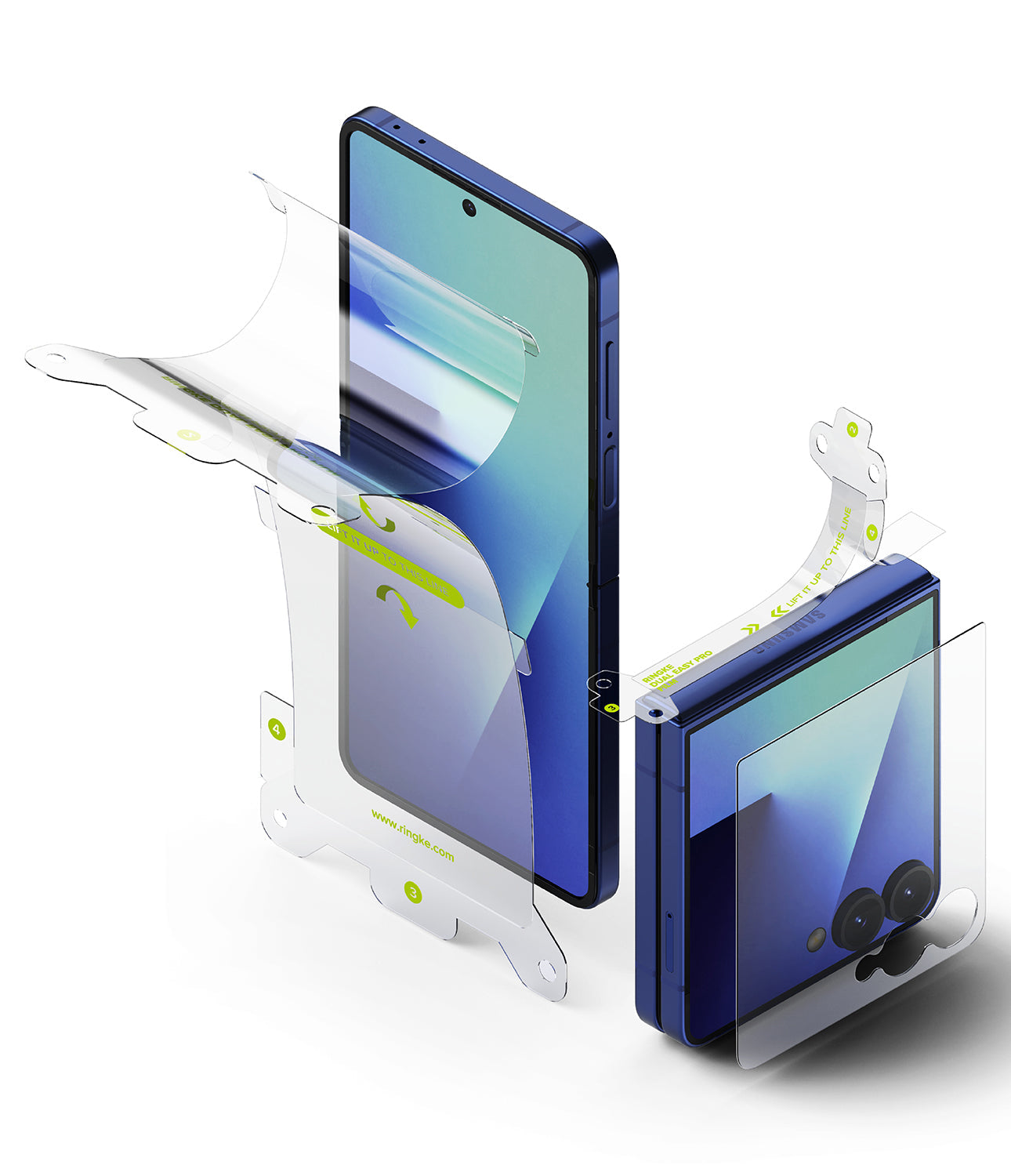 Ringke 3-in-1 Protector Pro Film kit for Samsung Galaxy Z Flip 7, showing the glass, EPU film, and hinge cover components.

