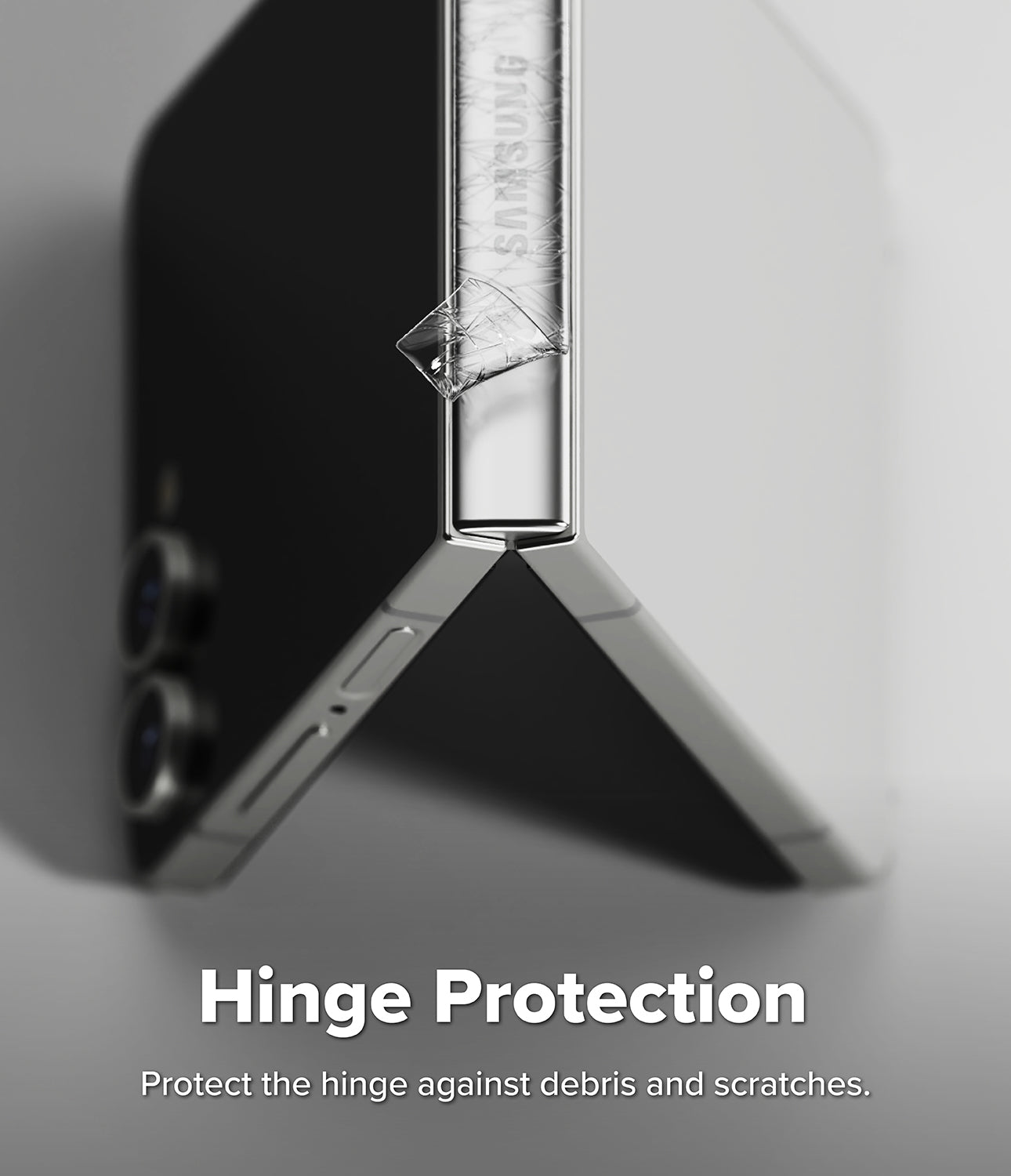 Close-up view of the Galaxy Z Flip 7 with the self-healing EPU film applied to the inner display.
