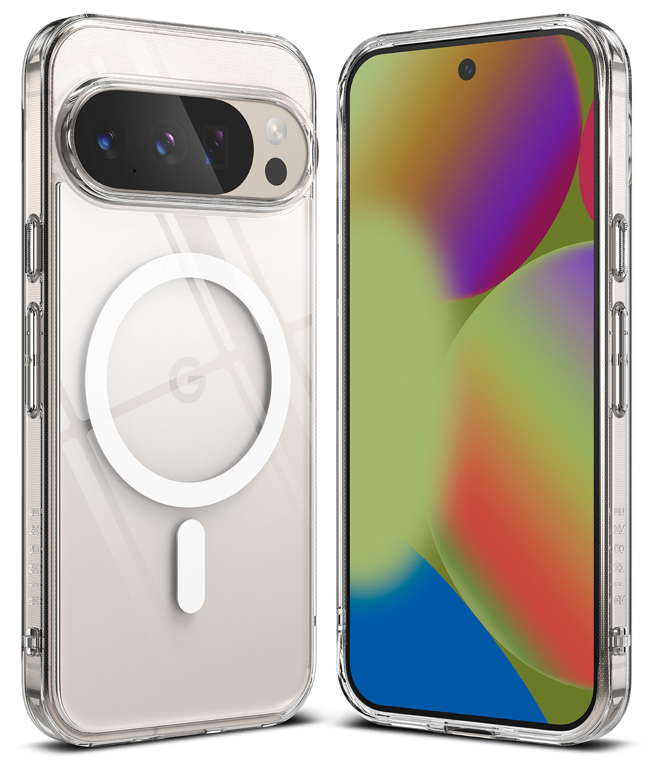 Ringke Fusion Magnetic Clear case on a Google Pixel 10 Pro, showing the transparent back and magnetic ring.

