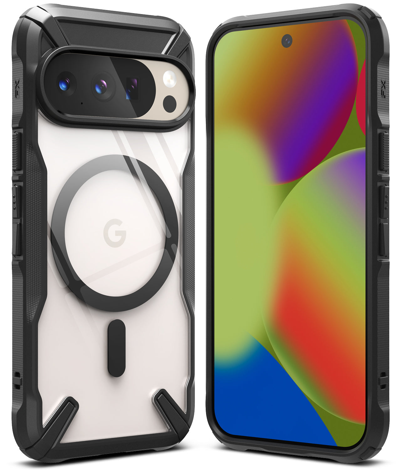 Ringke Fusion X Magnetic Black case on a Google Pixel 10 Pro, showing the rugged bumper and clear back with magnetic ring.
