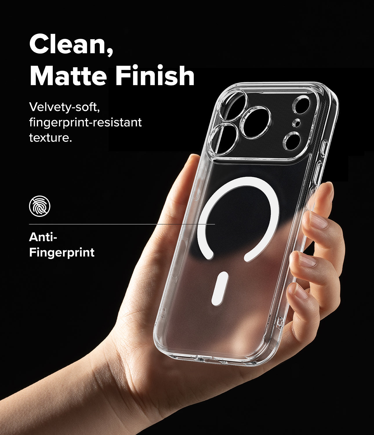 
Back view of the Ringke Fusion Magnetic Matte Clear case for iPhone 17 Pro Max, highlighting the anti-fingerprint surface.

