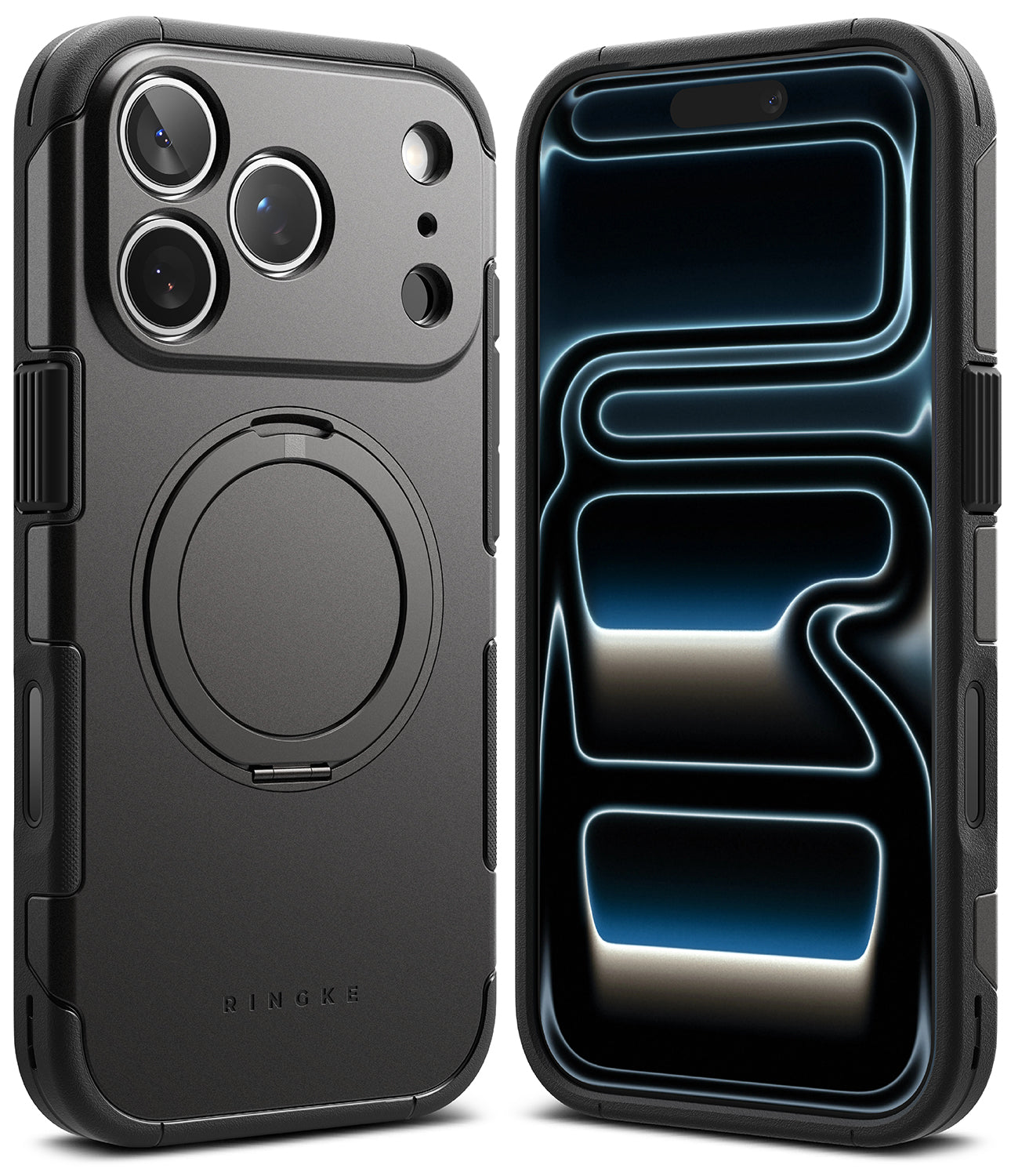 Ringke Alles heavy-duty case in Gun Metal on an iPhone 17 Pro Max, with the kickstand extended.
