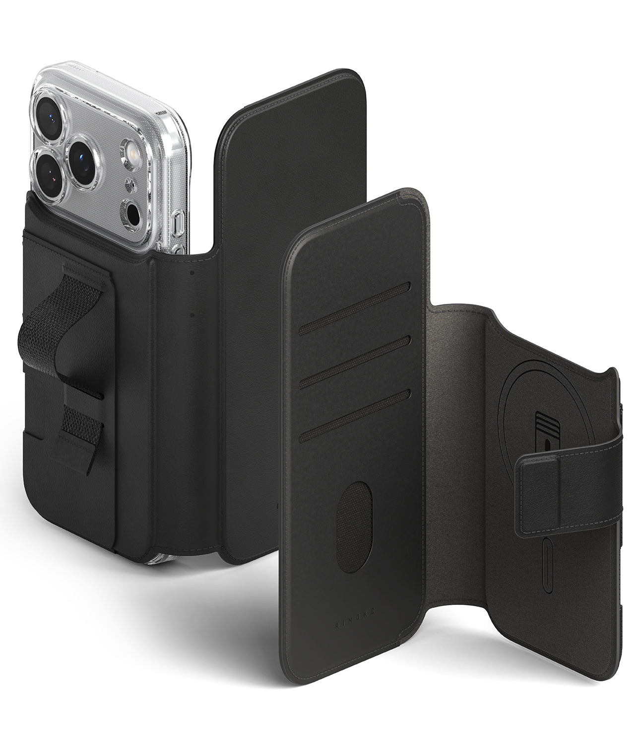 Front view of the black Ringke Folio Grip Wallet showing the polyester webbing strap and folio design.
