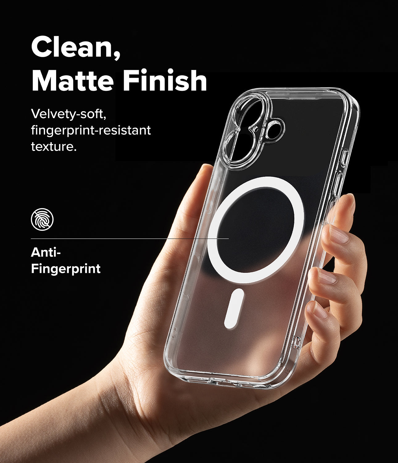 
Back view of the Ringke Fusion Magnetic Matte Clear case for iPhone 17, highlighting the anti-fingerprint surface.

