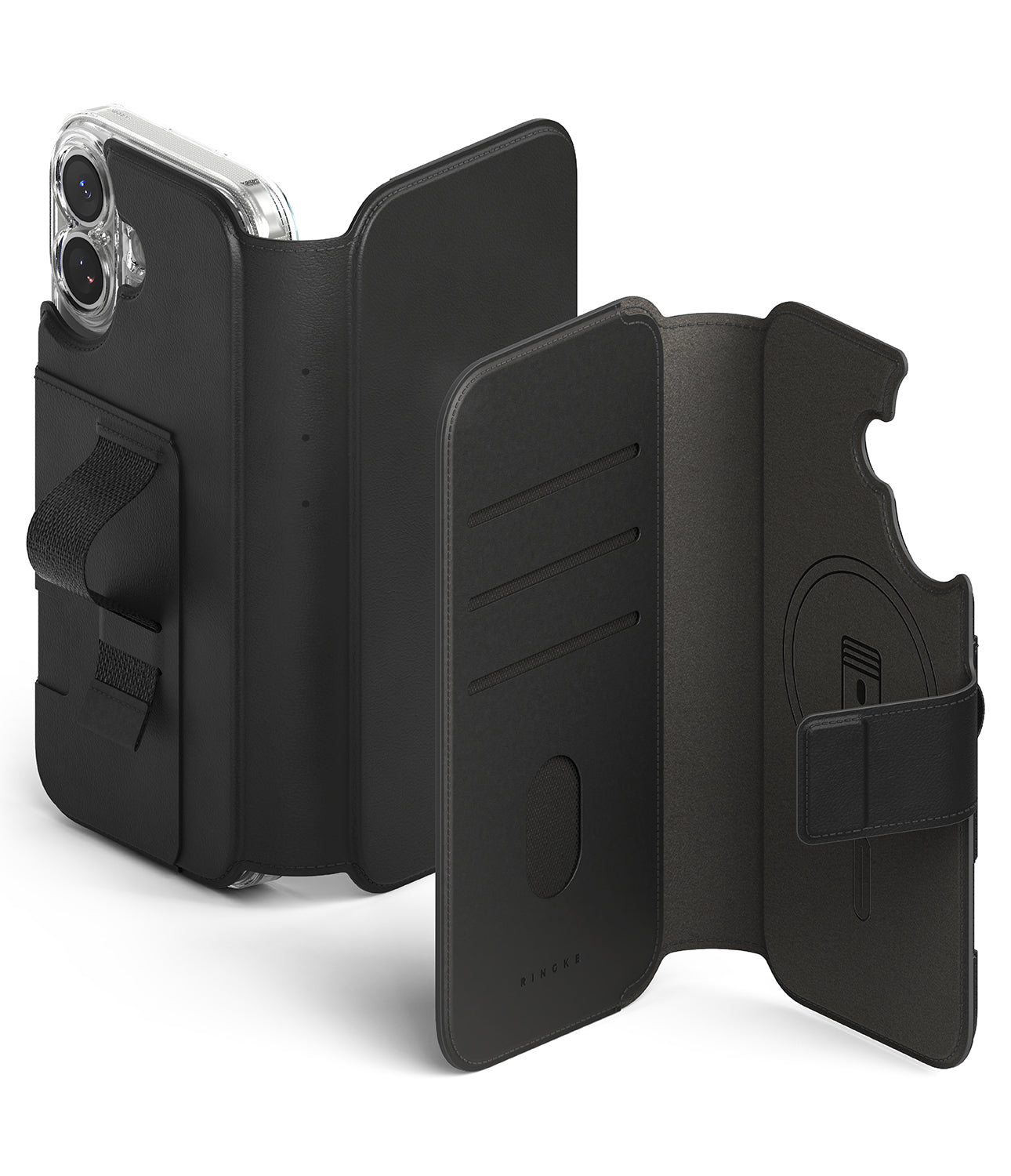 Ringke Folio Grip Wallet Magnetic accessory in black attached to an iPhone 17 case.
