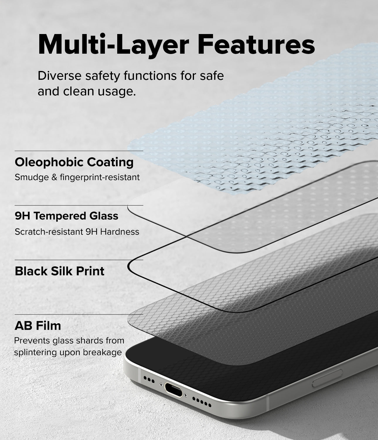 Close-up view of the Ringke tempered glass applied to an iPhone 17 screen, showing its clarity and precision fit.

