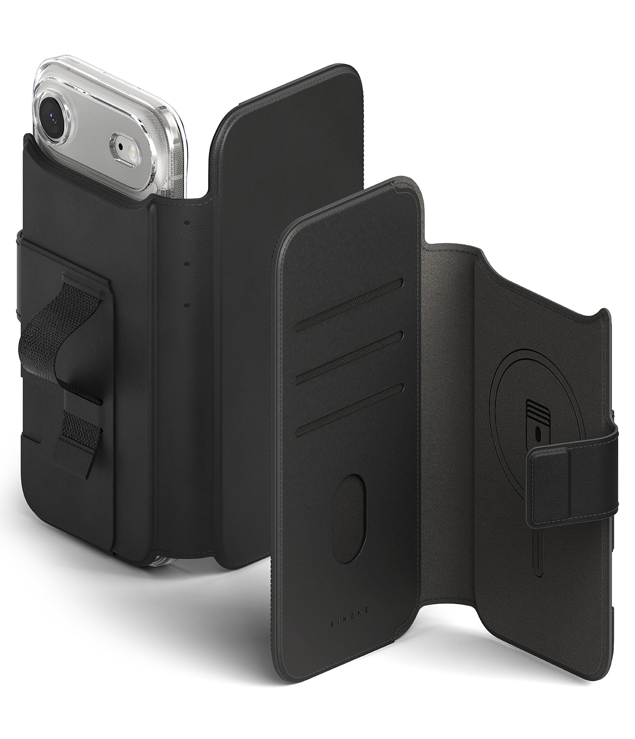 Ringke Folio Grip Wallet Magnetic accessory in black attached to an iPhone 17 Air case.
