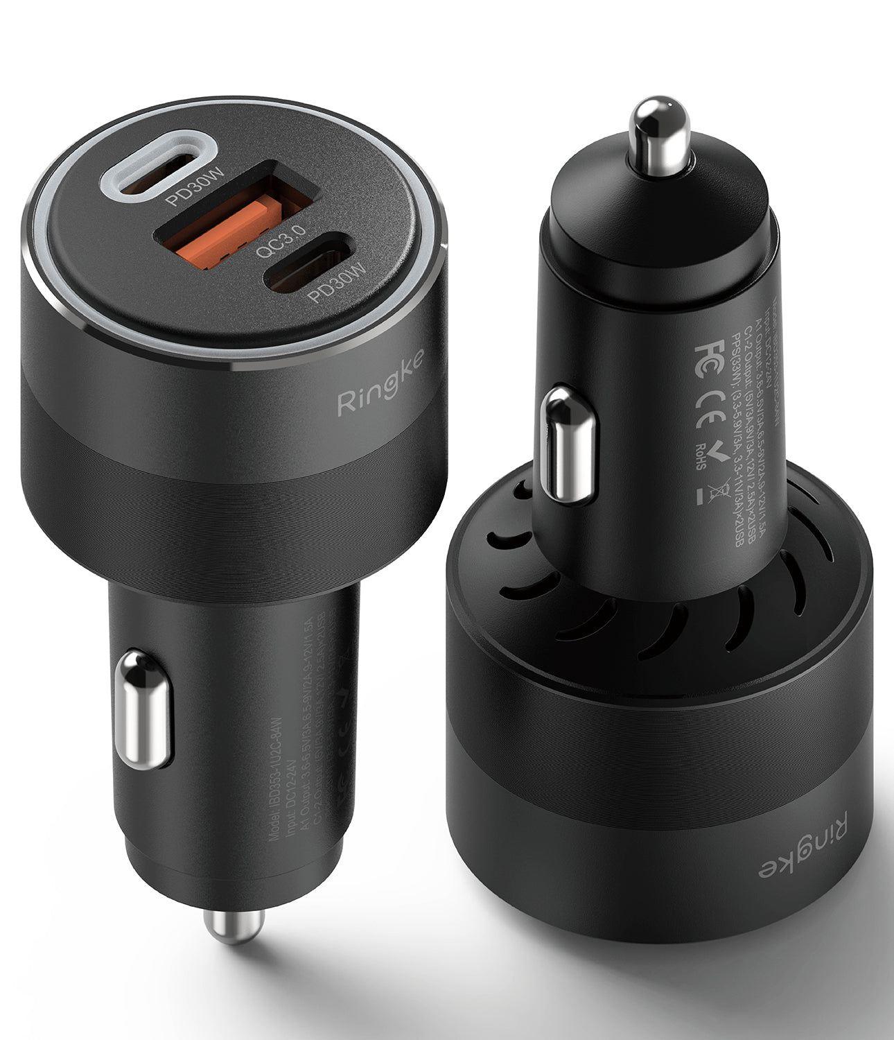 Ringke 84W 3-Port USB-C Car Fast Charger inserted into a vehicle power outlet, highlighting the aluminum alloy finish.
