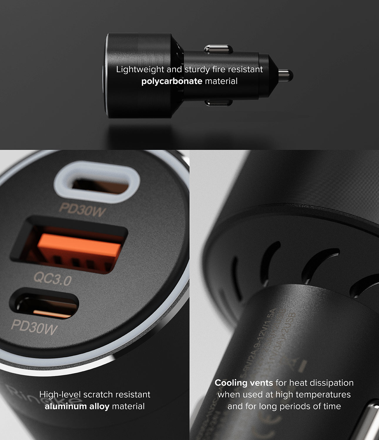 
Close-up view of the 2x Type-C and 1x Type-A USB ports on the Ringke car charger.

