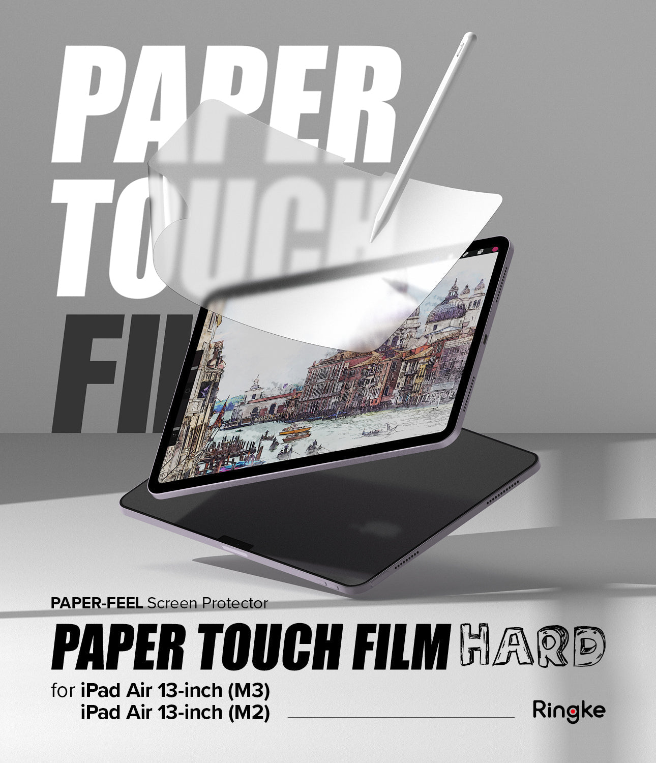 iPad Air 13" with the Ringke Paper Touch film applied, showing an Apple Pencil drawing on the matte surface.

