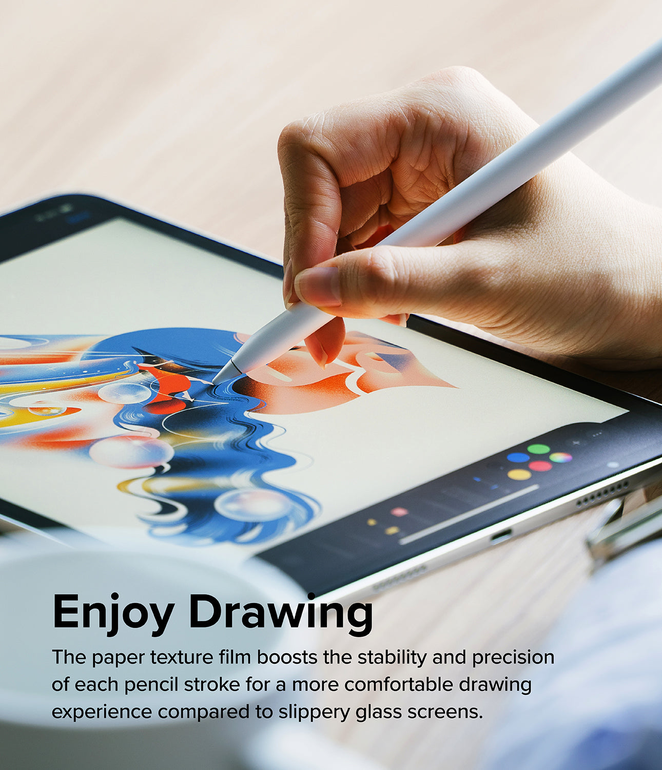 Close-up of the anti-glare, velvety matte texture of the Ringke Paper Touch screen film.