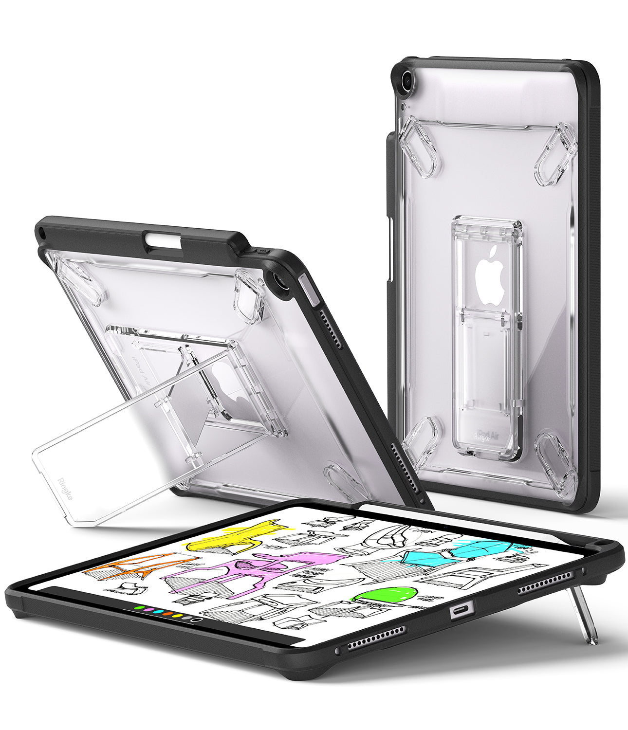 Ringke Fusion Sketch Stand Black Case for iPad Air 11 inch (M3/M2), shown in the ergonomic Tilt Stand mode for drawing.
