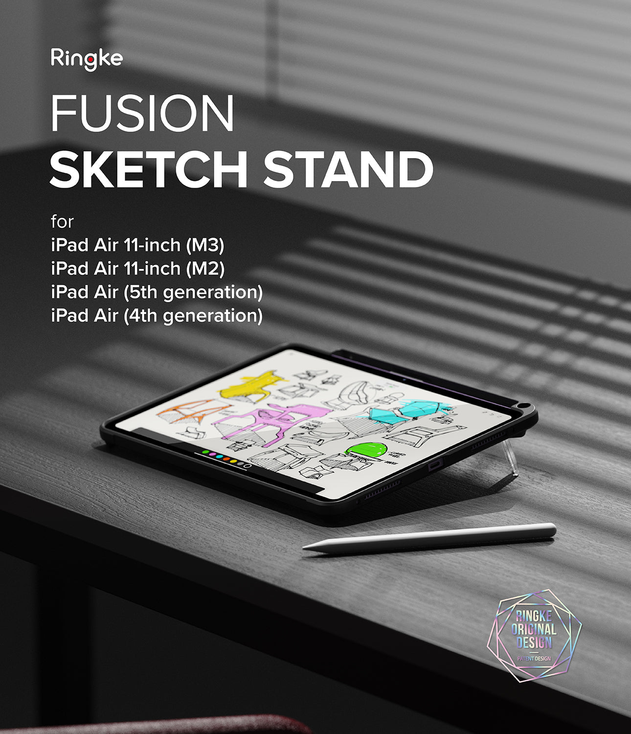 
iPad Air 11" secured in the Ringke Fusion Sketch Stand case, highlighting the protective polycarbonate back and secure Apple Pencil holder.

